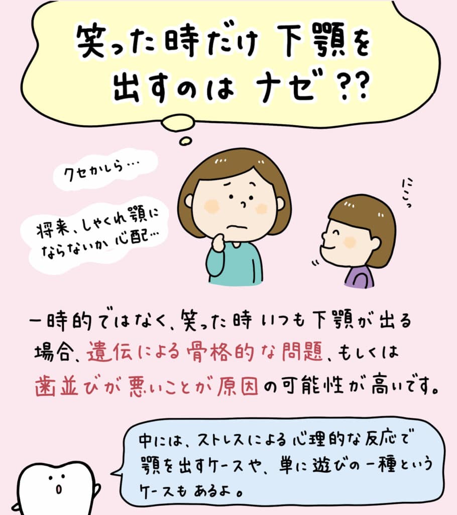 子供が笑うと下顎が出る_1_子供の下顎が前に出る原因と治療法について説明するイラストで治療法や予防策を紹介