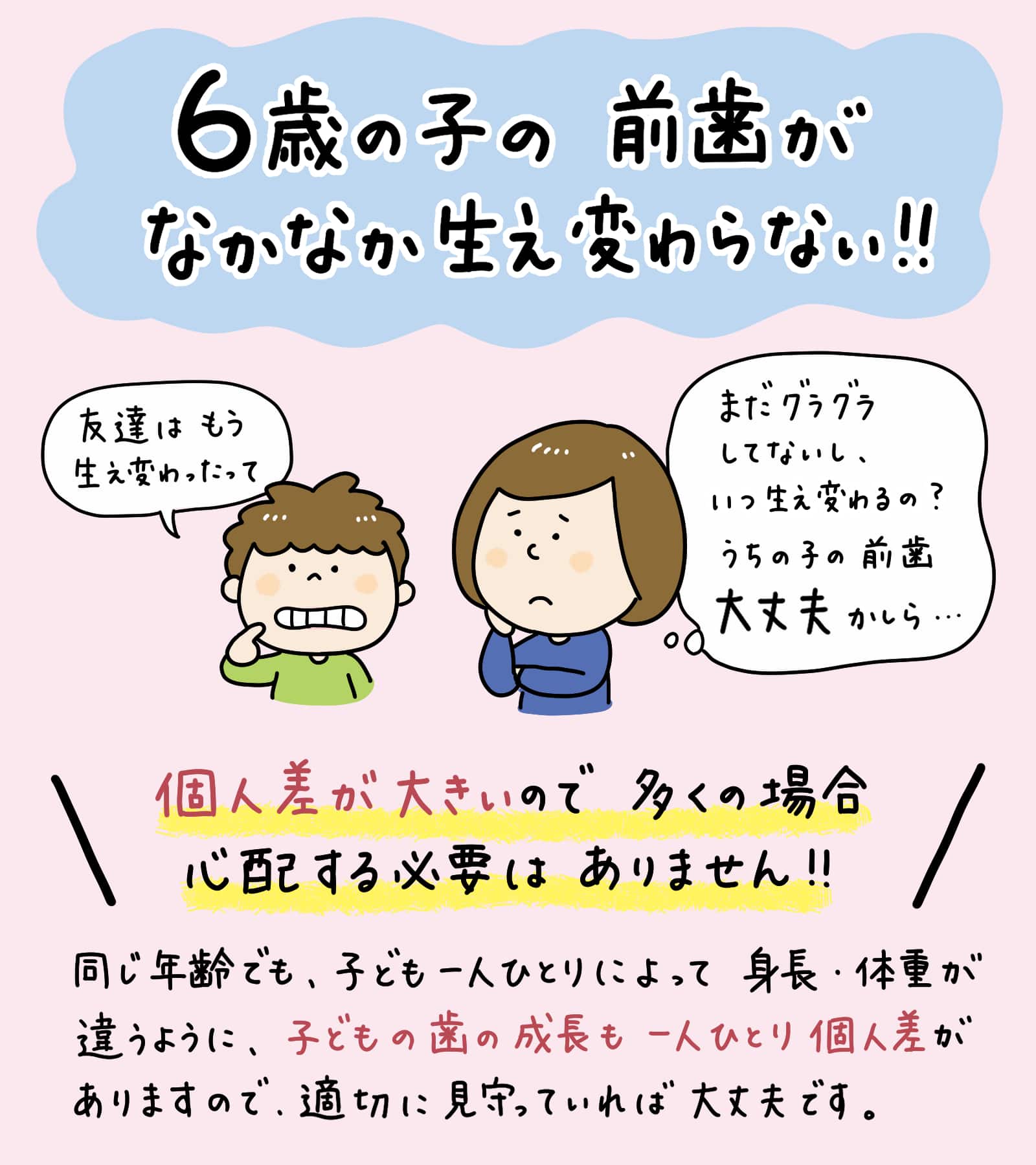 6歳の子どもの前歯が生え変わらない_1_前歯が生えてこない6歳の子どもが鏡の前で歯をチェックしているイラスト