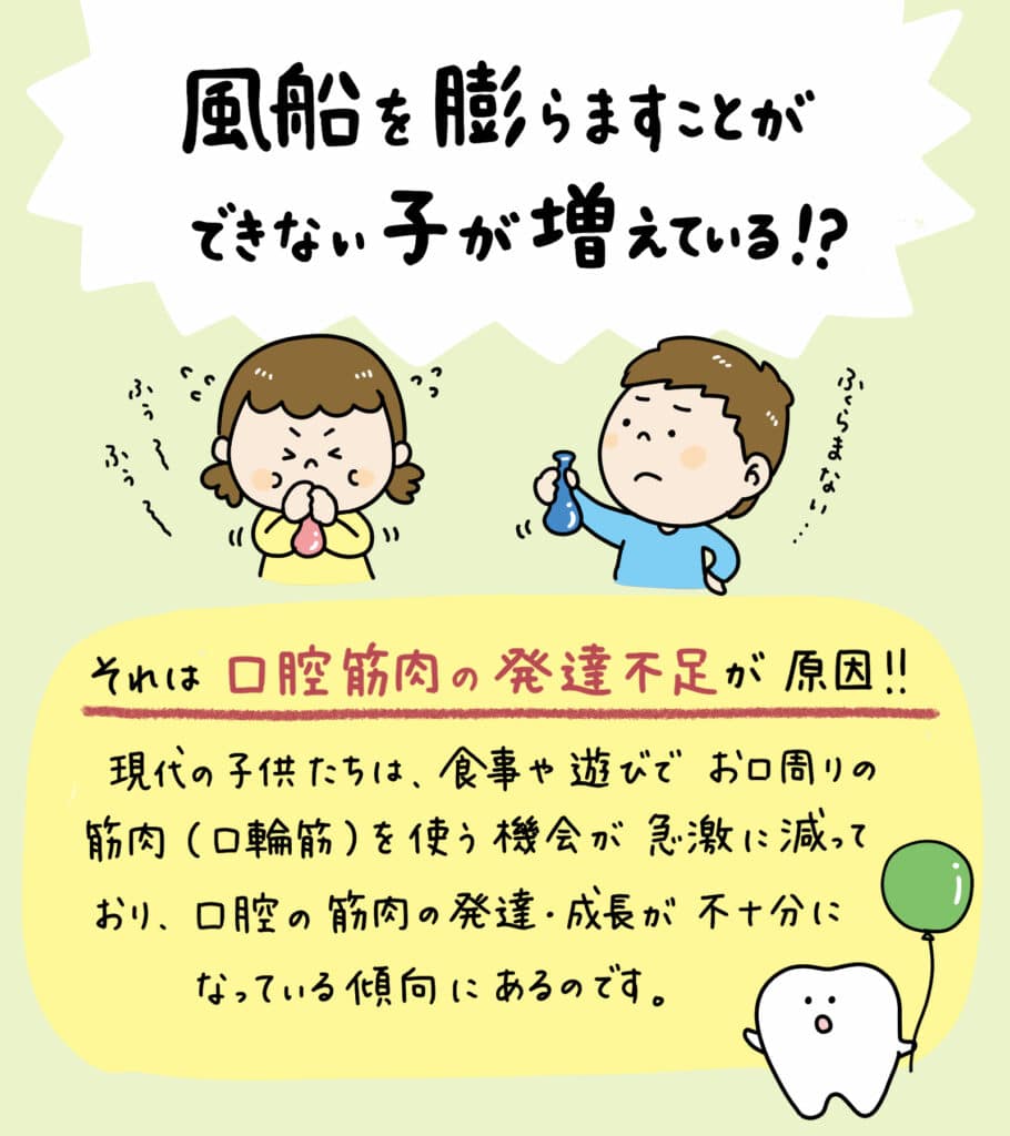 子供が風船を膨らます_1_子供の風船膨らませ困難を説明するイラスト。子どもたちが健康な口腔機能を育む遊びや治療法をイラストで解説