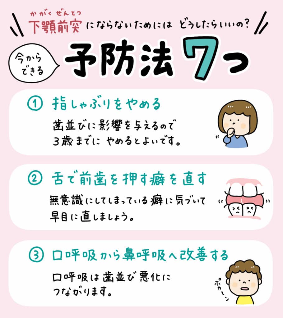 子供が笑うと下顎が出る_5_子供の下顎が前に出る原因と治療法について説明するイラストで治療法や予防策を紹介