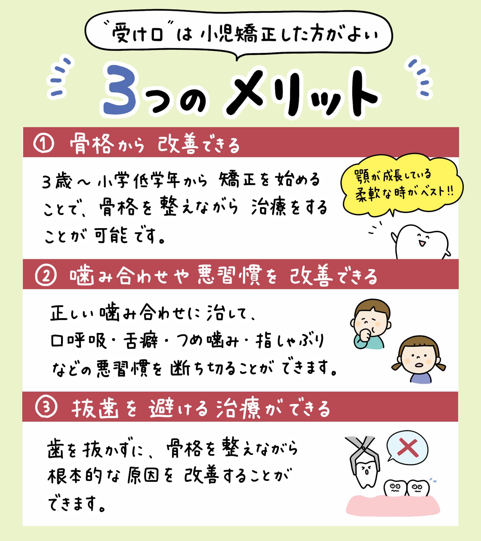 受け口の小児矯正 3つのメリットを解説するイラスト