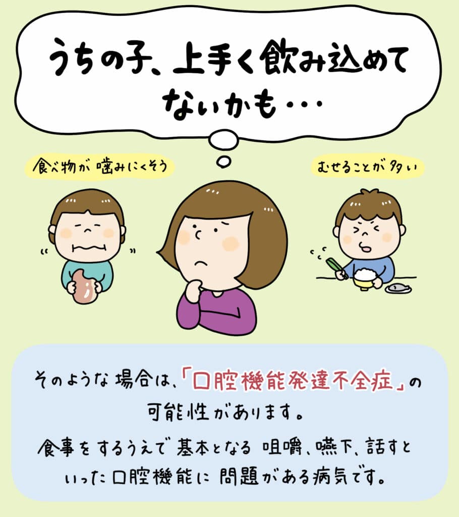 子供が食べるのが遅い_4_子供が正しい飲み込み方を学ぶためのポイントを示すイラスト。顎の発達や歯並びの影響に関連する飲み込み方。