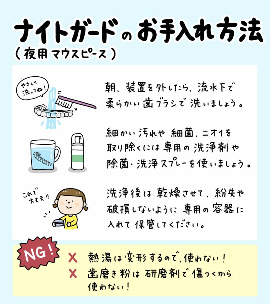 子どものナイトガード_5_子どもの夜用マウスピースの穴あき原因と対策を図解：歯ぎしりによる損傷メカニズム、正しい装着方法、定期的なチェックポイントをイラストで解説。