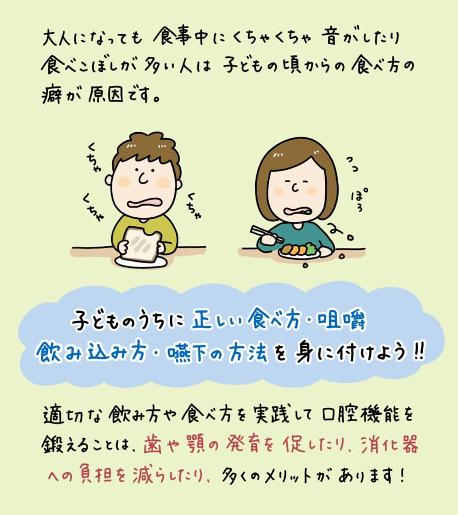 子供が食べるのが遅い_2_子供が正しい飲み込み方を学ぶためのポイントを示すイラスト。顎の発達や歯並びの影響に関連する飲み込み方。