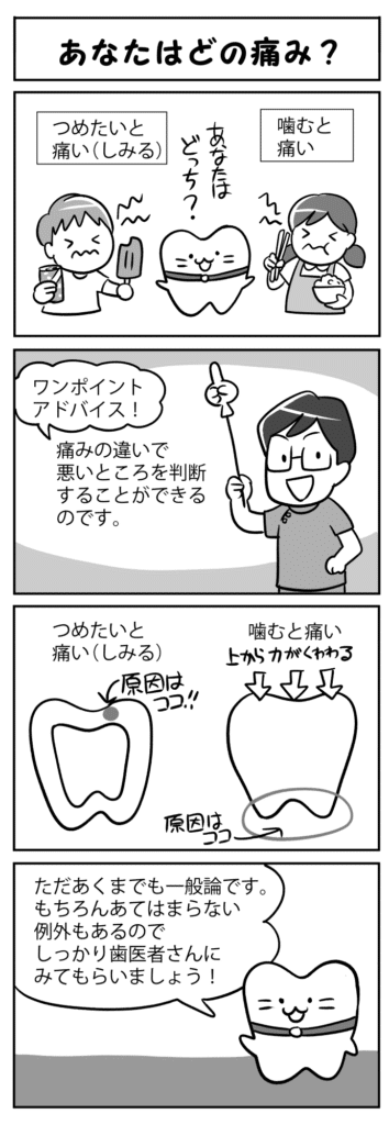 あなたはどの痛み_冷たいものや噛むときの痛みが虫歯の進行を示す四コマ漫画