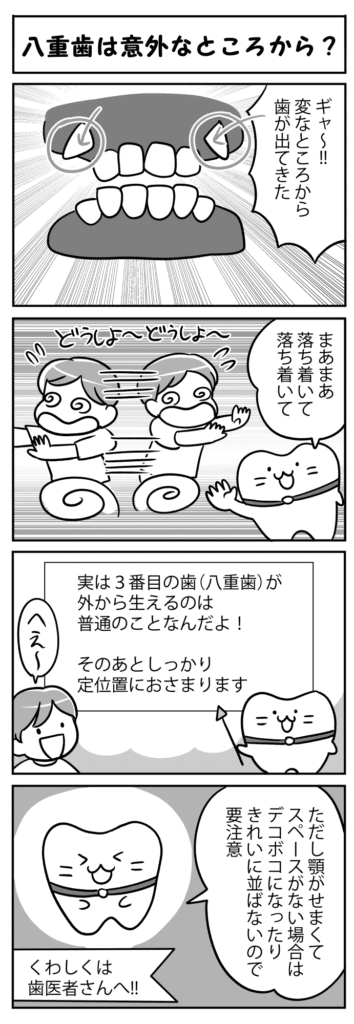 八重歯は意外なところから？？_八重歯の原因とその形成について学ぶ子供の四コマ漫画