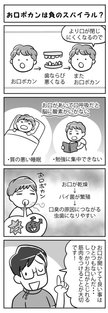 お口ポカンは負のスパイラル_お口ポカンが口腔健康に与える影響を学ぶ子供の四コマ漫画