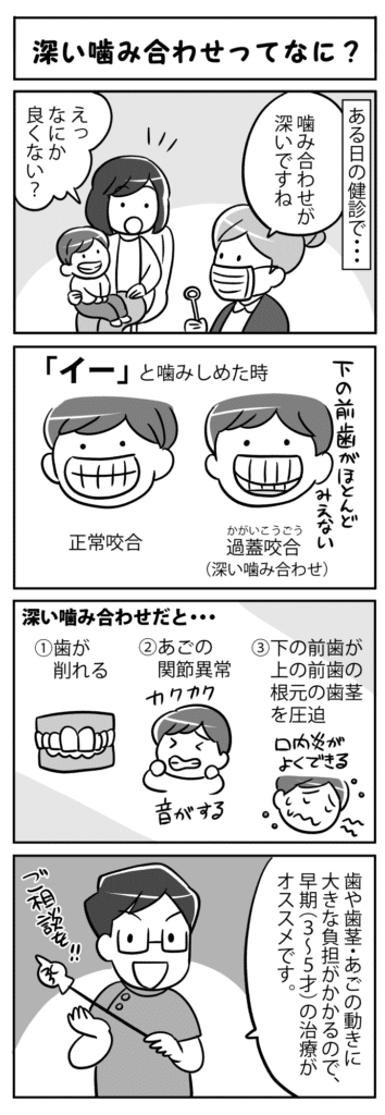 深い噛み合わせってなに_子供が深い噛み合わせについて学ぶ四コマ漫画