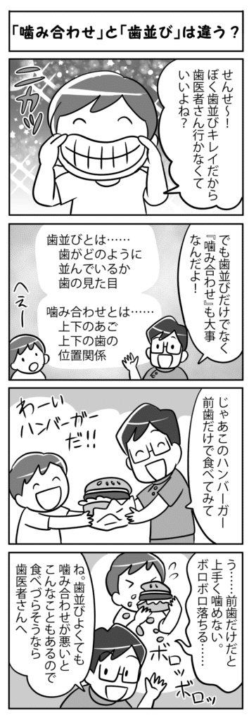 「噛み合わせ」と「歯並び」は違う？_噛み合わせと歯並びの違いについて学ぶ子供の四コマ漫画