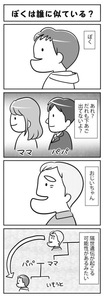 ぼくは誰に似ている_隔世遺伝による子供の反対咬合を描いた四コマ漫画