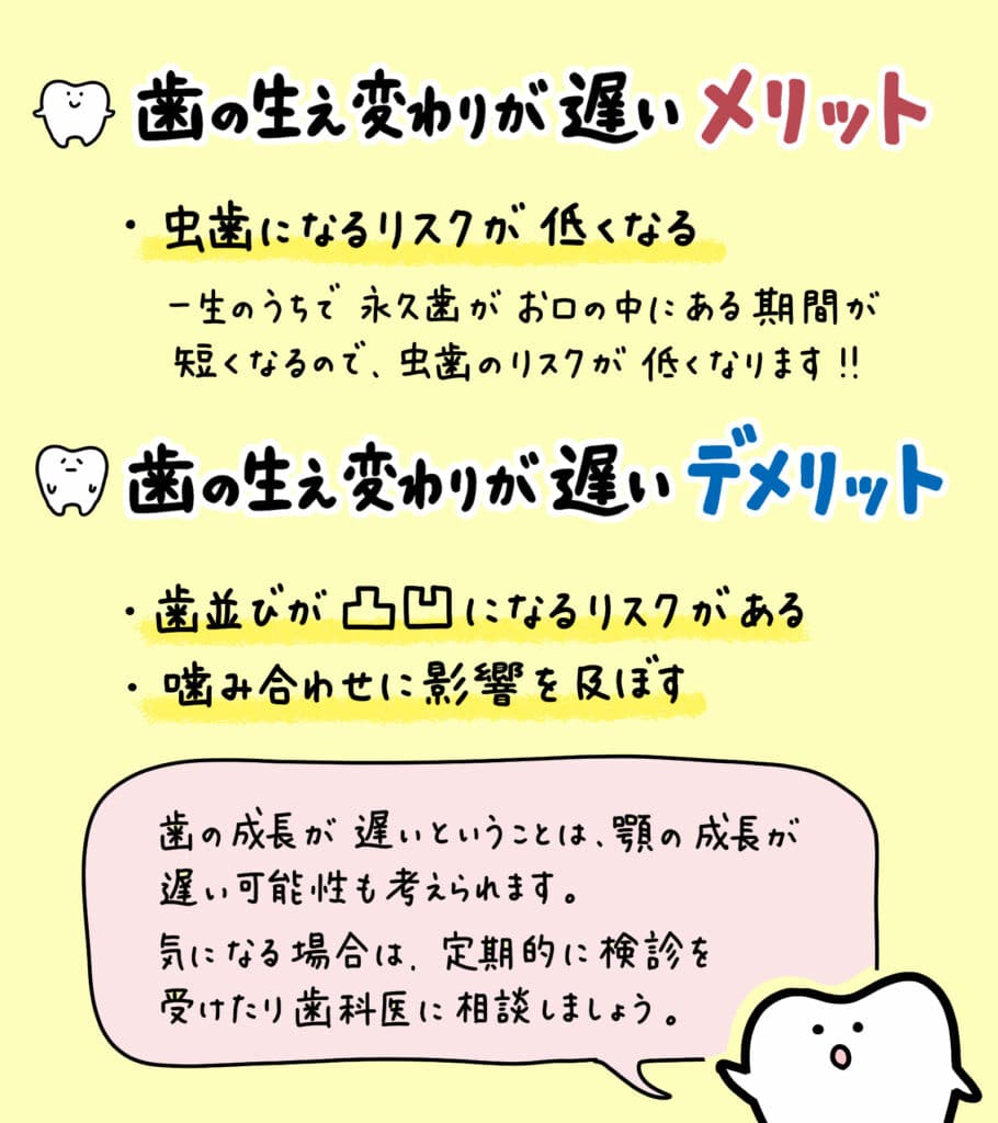 子供の乳歯_歯の生え変わりが遅い_4_歯の生え変わりが遅い理由とメリット、注意点を説明する図解イラスト。小児歯科医によるアドバイス付き。